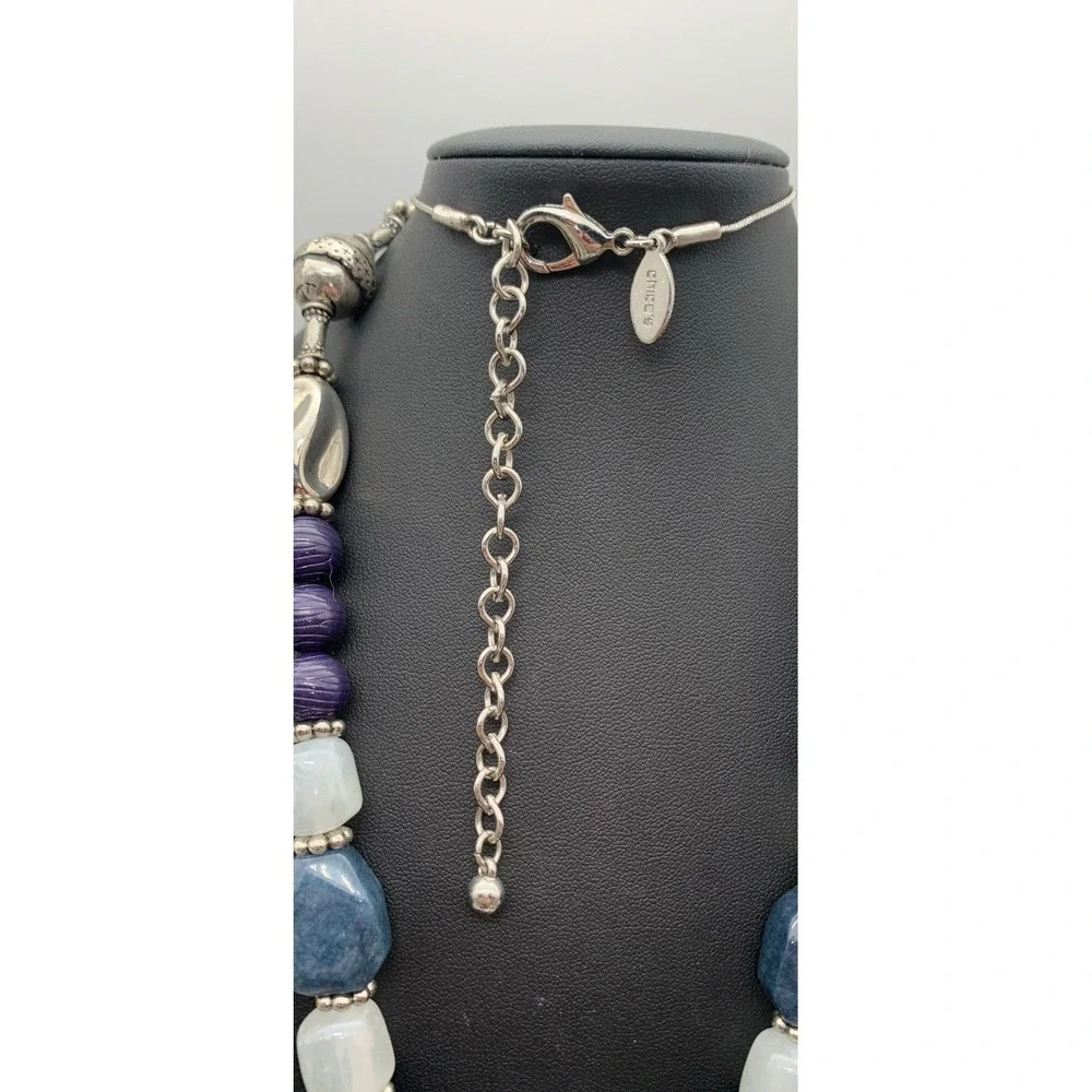 Chico's Silver Tone & Blue Beaded Elephant‎ Leaf Boho Charms Safari Necklace